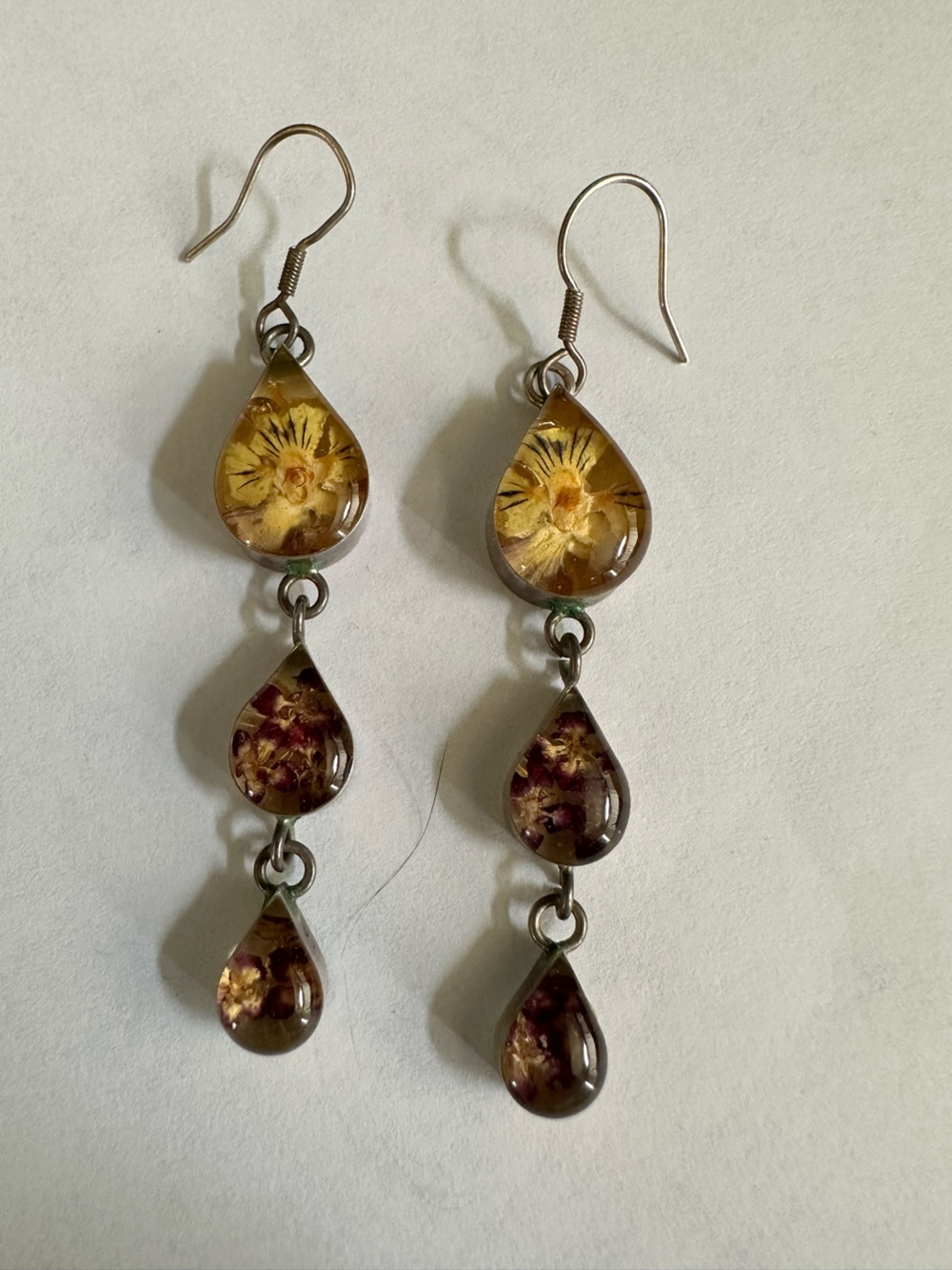 Resin Teardrop Floral Drop Earrings - Yellow & Brown